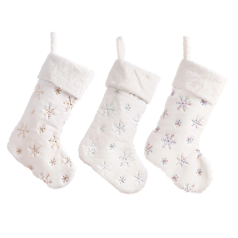 3Pcs Snowflakes Embroidered White Plush Christmas Stockings Gifts Bag Hanging Loops Xmas Tree Fireplace Candy Socks
3Pcs Snowflakes Embroidered White Plush Christmas Stockings Gifts Bag Hanging Loops Xmas Tree Fireplace Candy Socks