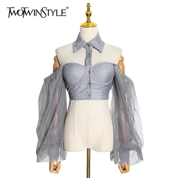 TWOTWINSTYLE Casual Hollow Out Women Shirt Lapel Collar Lantern Long Sleeve Patchwork Mesh Short Blouses For Female Fashion Tide
TWOTWINSTYLE Casual Hollow Out Women Shirt Lapel Collar Lantern Long Sleeve Patchwork Mesh Short Blouses For Female Fashion Tide
