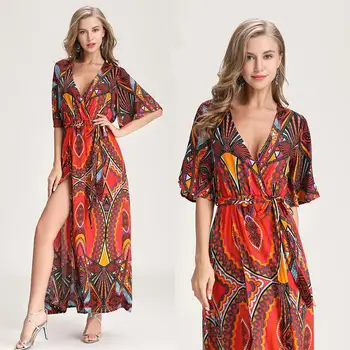 2019 Summer new European and American style V collar sexy beach gown European station print dress female fork
2019 Summer new European and American style V collar sexy beach gown European station print dress female fork