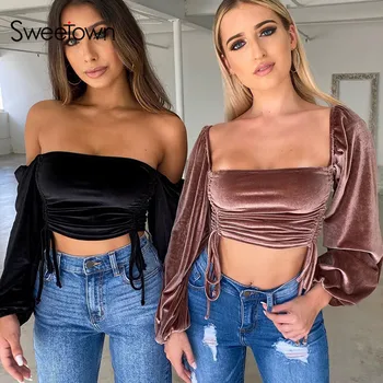 Sexy New Black Solid Velvet Crop Top Long Sleeve T-Shirts Women Elegant Sexy Square Collar Ruched Top Shirt Lace Up Outfits
Sexy New Black Solid Velvet Crop Top Long Sleeve T-Shirts Women Elegant Sexy Square Collar Ruched Top Shirt Lace Up Outfits