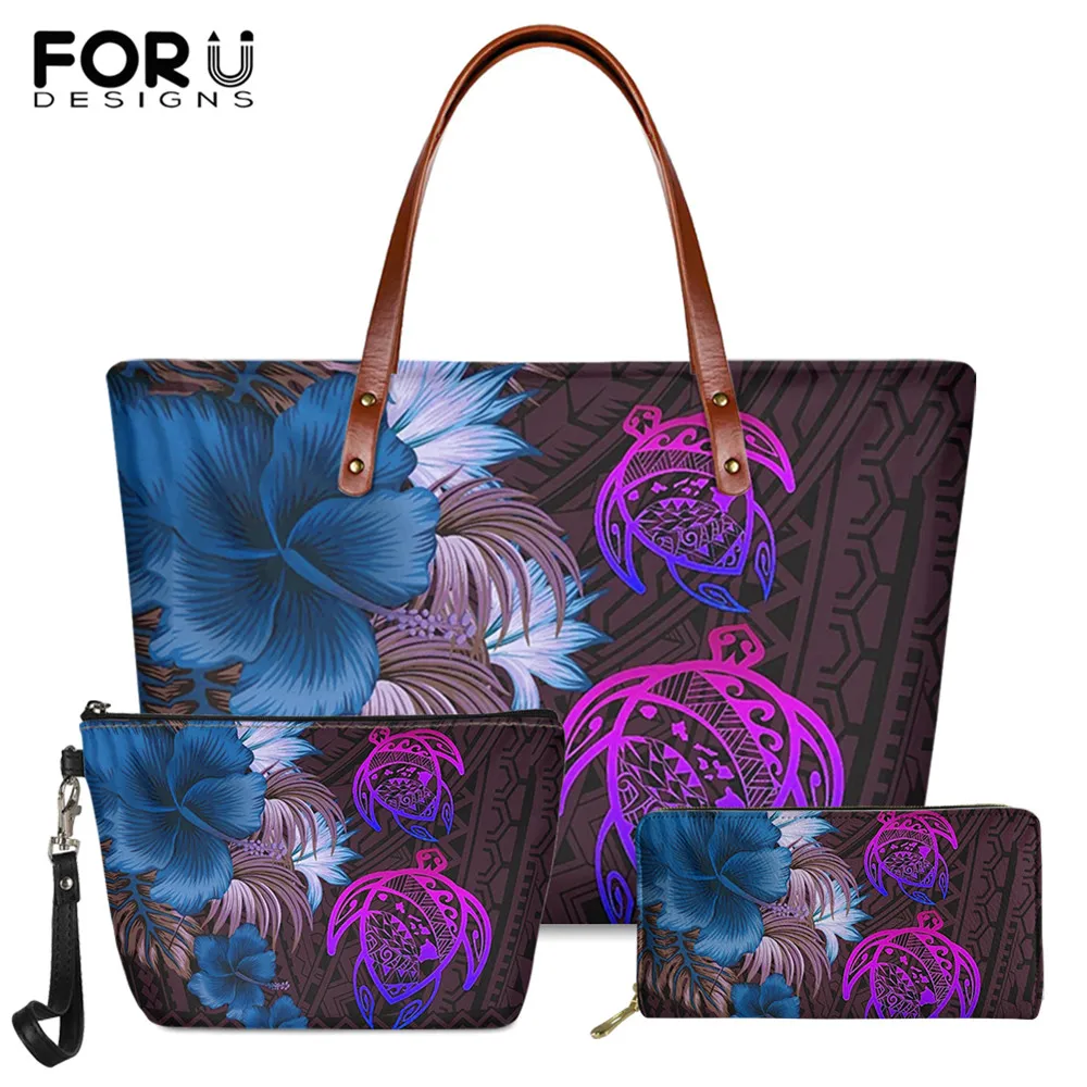 

FORUDESIGNS Fashion Ladies 3set Handbag Hawaii Turtle Hibiscus Plumeria Polynesian Tribal Pattern Women PU Leather Purse 2020