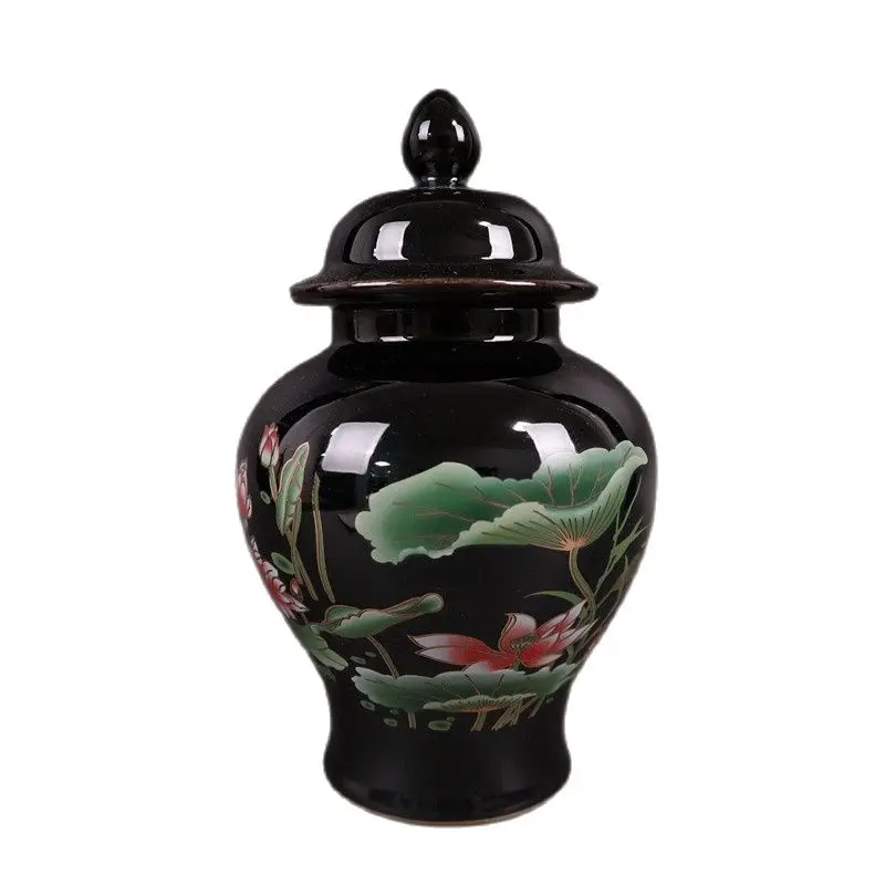 

China Jingdezhen Porcelain Ebony Glazed Lotus Pattern Jar