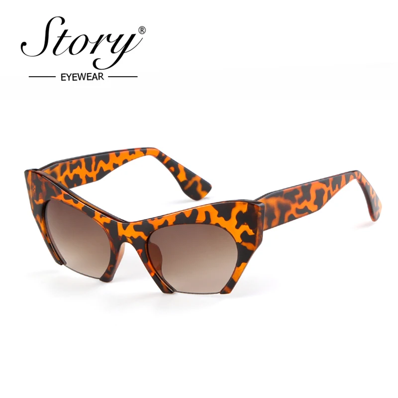 

STORY New Fashion Semi Rimless Sunglasses Women Men 2018 Retro Half Frame Cat Eye Sun Glasses Classic Leopard Shades Eyewear