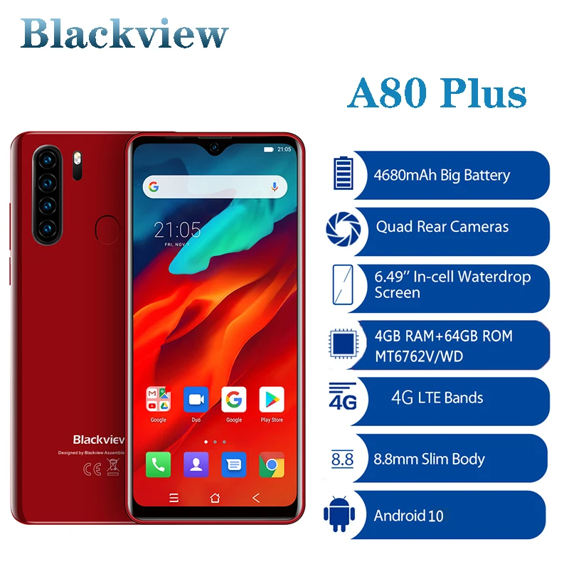 Blackview A80 Plus смартфон восемь ядер экран 6 49 дюйма 4 Гб + 64 ГБ | Мобильные телефоны и