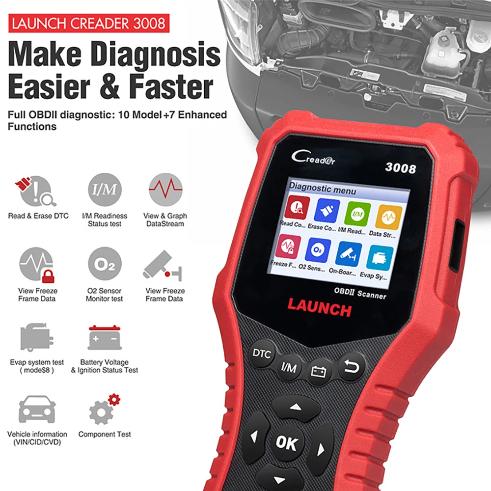 LAUNCH X431 CR3008 OBD2 Automotive Scanner OBDII Code Reader Diagnostic Tool Check Engine Battery Voltage Free Update pk KW850
LAUNCH X431 CR3008 OBD2 Automotive Scanner OBDII Code Reader Diagnostic Tool Check Engine Battery Voltage Free Update pk KW850