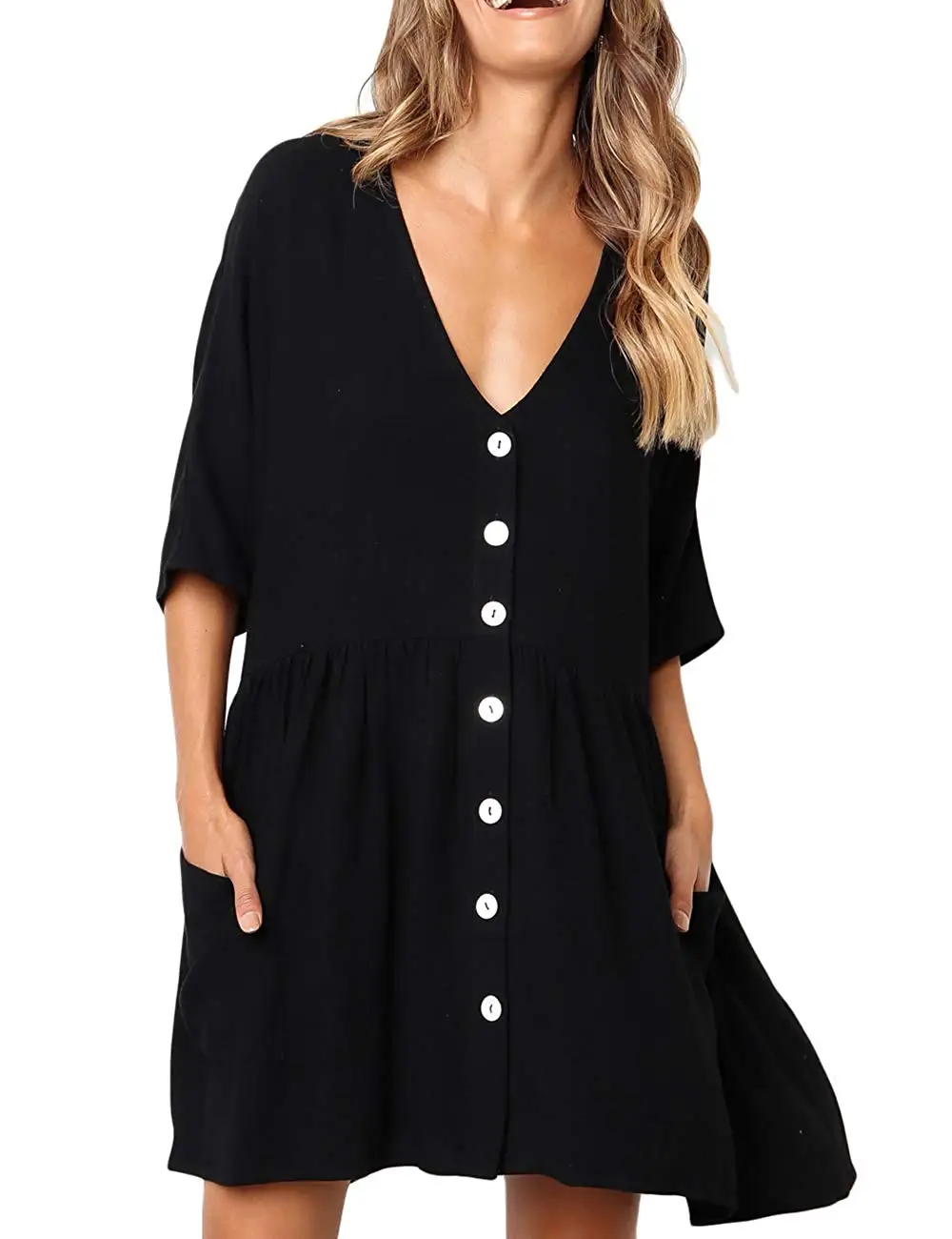 Women V Neck Button Down Loose Swing Casual Short T-Shirt with Pockets Cashmere Polyester
Women V Neck Button Down Loose Swing Casual Short T-Shirt with Pockets Cashmere Polyester