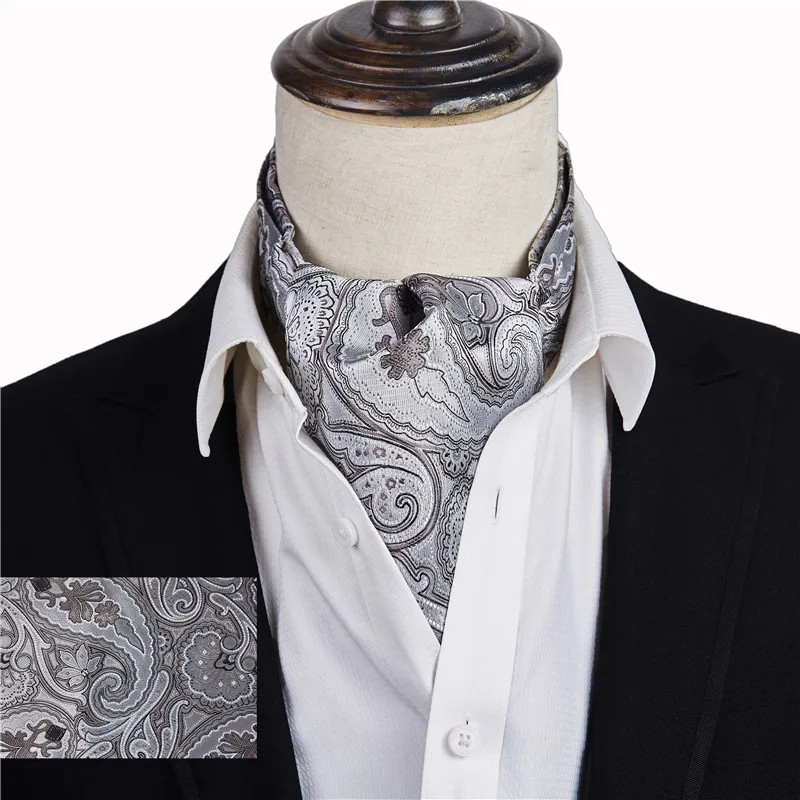 

Ikepeibao Men Luxury Silver Gray Paisley Checked Cravat Silk Floral Ascot Self British Gentleman Polyester Scarf Tie Wholesale