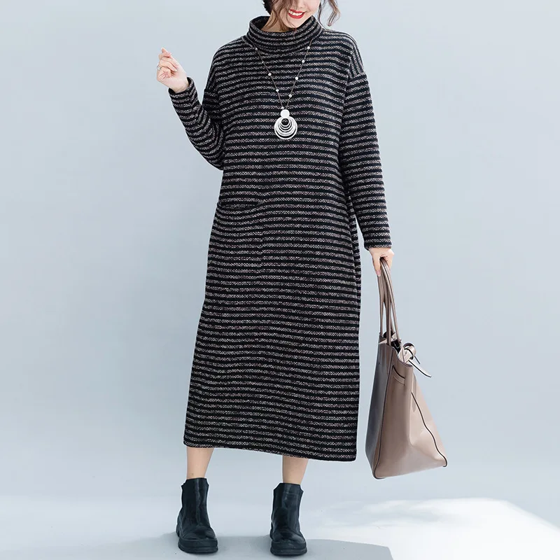 2019 Autumn And Winter New Style Korean-style Retro Literature And Art High Collar with Stripes Knitted Long over-the-Knee Sweat
2019 Autumn And Winter New Style Korean-style Retro Literature And Art High Collar with Stripes Knitted Long over-the-Knee Sweat