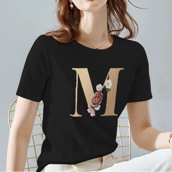 Camiseta Feminina de Alta Qualidade: Elegância Bordada para o Verão 9 Fashion All-match Womens T-shirts Summer Black Classic O-Neck Ladies Tee Letter Pattern Series Tops Women Clothes,Drop Shipping