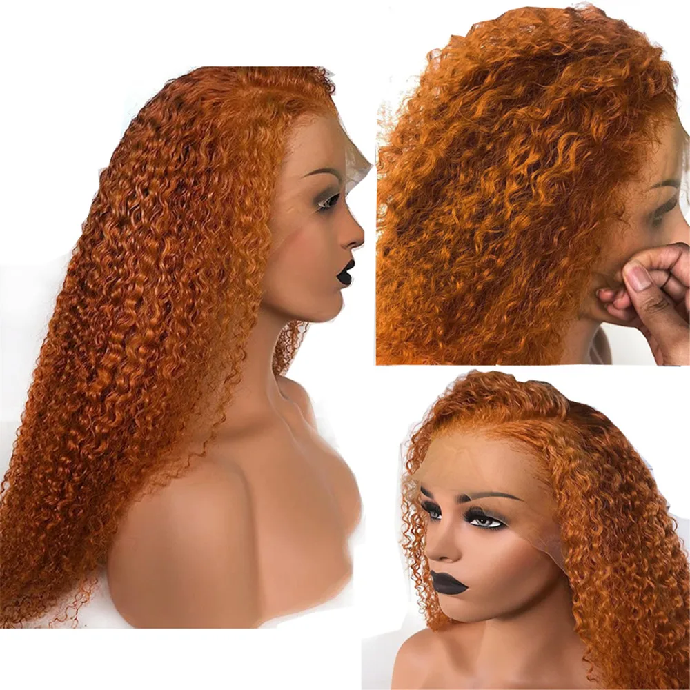 Lace Front Human Hair Wig 13x4 Deep Part Orange Brown Kinky Curly Brazilian Remy Hair Bleached Knots Glueless Wig with Baby Hair