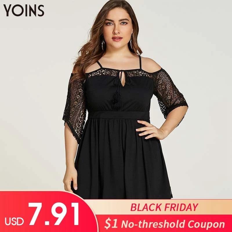 

YOINS 2019 Spring Winter Women Dress Elegant Plus Size Spaghetti Strap Tie-up Cold Shoulder Lace Dress Sexy Party Night Dresses