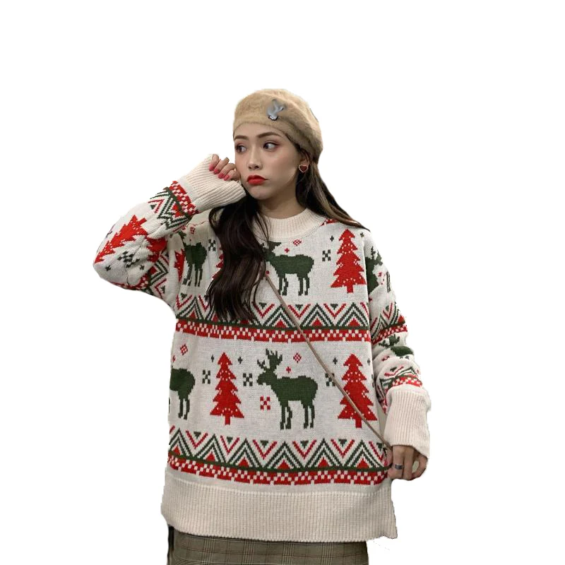 

AECU 2021 Women Christmas Sweater Winter Ugly Sweater Warm Knitted Jumpers Knitwear Snowflake Elk Print Sweaters And Pullovers