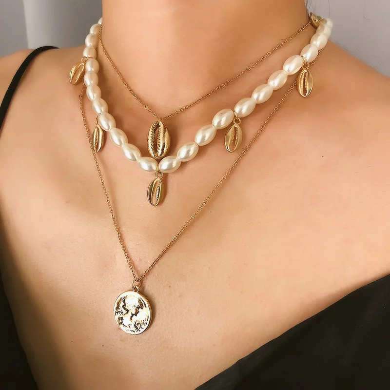 

PZMYCS Retro Creative Items Women Fashion Pearl Natural Shells Tassel Coin Pendant Clavicle Chain Multilayer Necklace jewlery