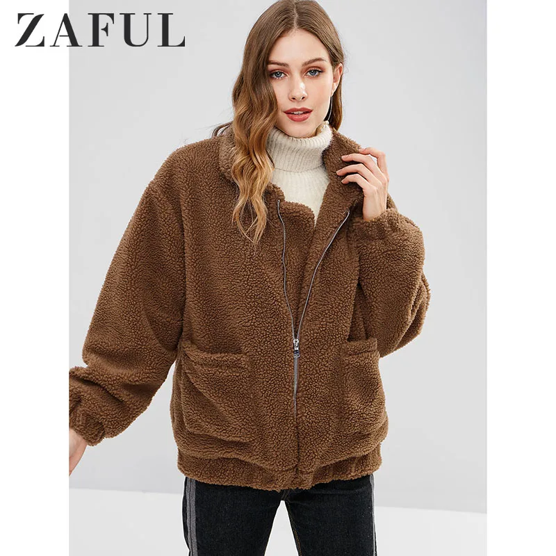 

ZAFUL Women Zip Up Winter Warm Faux Fur Jacket Outerwear Long Sleeve Fleece Jackets Sweater Fluffy Coat Stylish Female Outwear