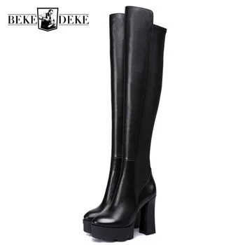 Elegant Sexy Slim High Heel Womens Over The Knee Boots Fashion Round Toe Genuine Leather Platform Thick Heel Female Long Boots 
Elegant Sexy Slim High Heel Womens Over The Knee Boots Fashion Round Toe Genuine Leather Platform Thick Heel Female Long Boots