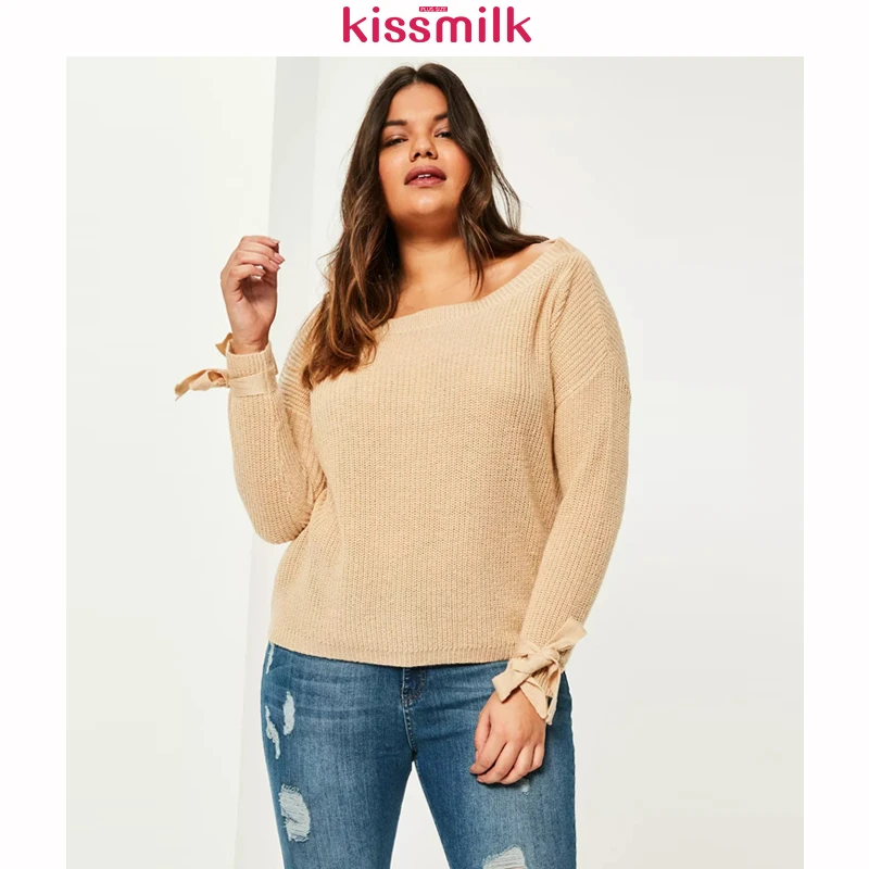 Kissmilk 2020 размера плюс однотонные женские свитера на шнуровке большие пуловеры с