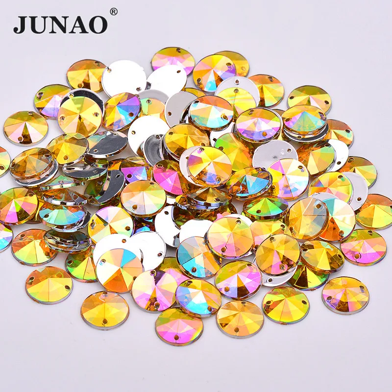 

JUNAO 500pcs 10mm Sewing Yellow AB Rhinestones Appliques Flatback Acrylic Gems Round Strass Crystal Stones Sew On Clothes Beads