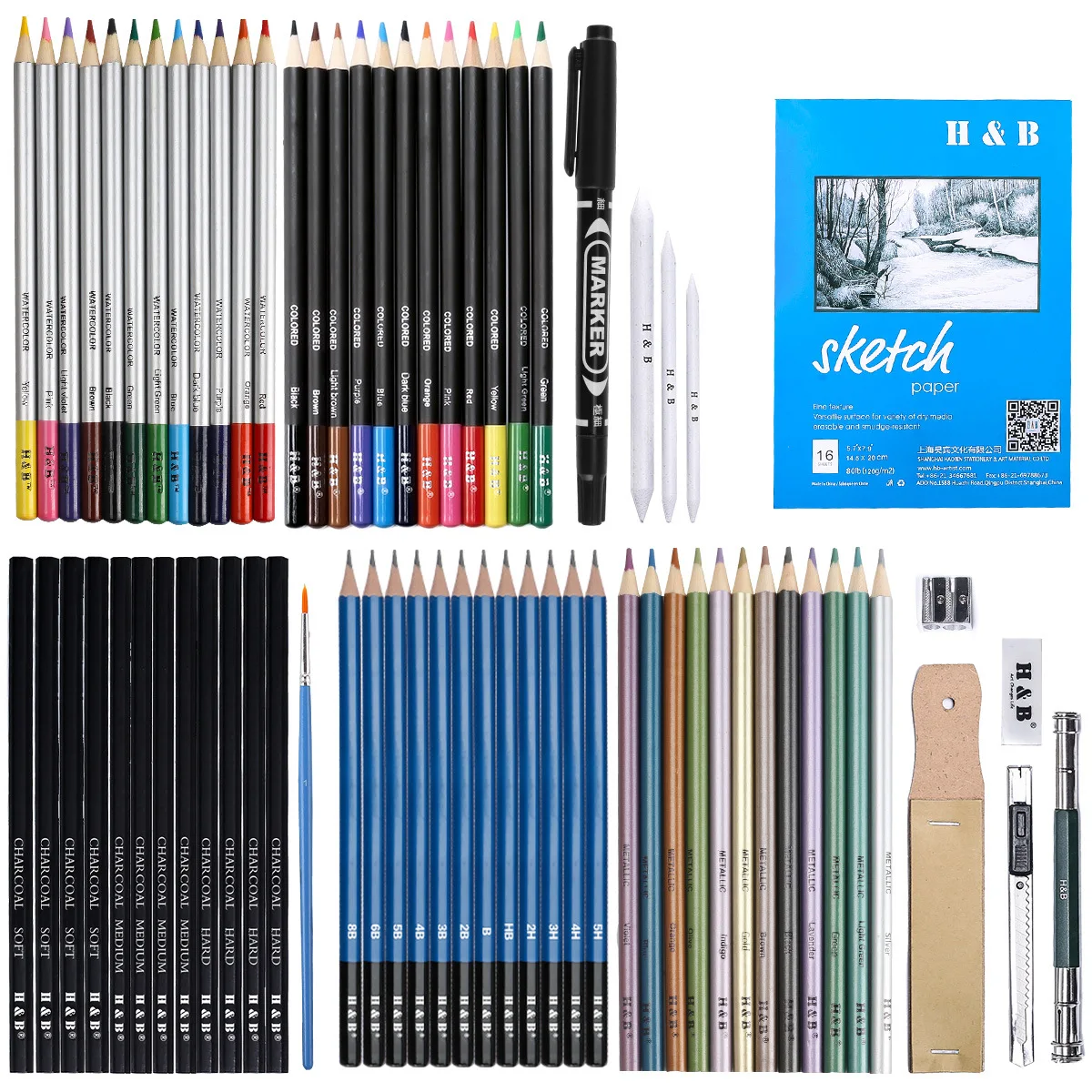 Фото Colored Pencil Drawing 71 pcs Art Kit HB-CBPB071-3 Premium Sketchbook Zipper Case Tools Professional Sketch Pencils Set | Канцтовары для