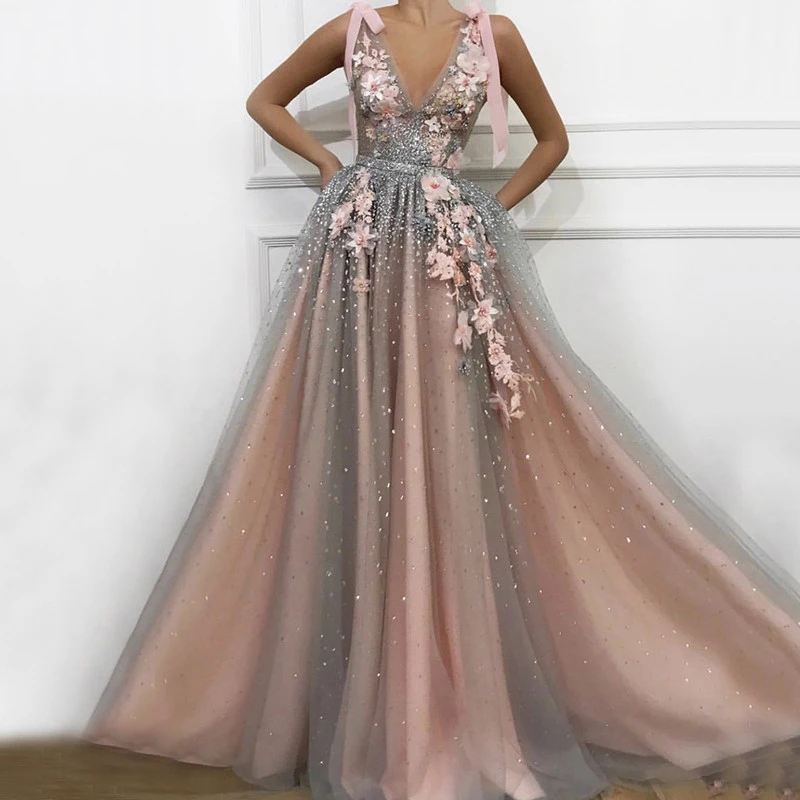Beading Prom Dresses V-Neck Appliques Handmade Flowers Pink and Gray Diamond Pearls Sexy Tulle Evening Party Gowns 2020
Beading Prom Dresses V-Neck Appliques Handmade Flowers Pink and Gray Diamond Pearls Sexy Tulle Evening Party Gowns 2020