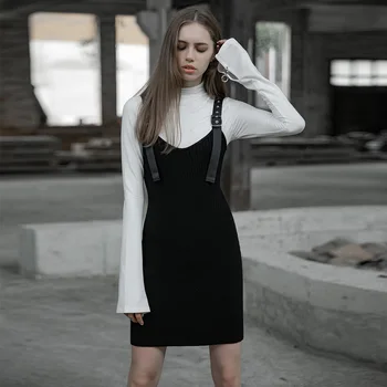 

PUNK RAVE Women's Wool Sling Dress Slim Fit Adjustable Houlder Strap Breast-wiping V-collar Sexy Sleeveless Half Dress