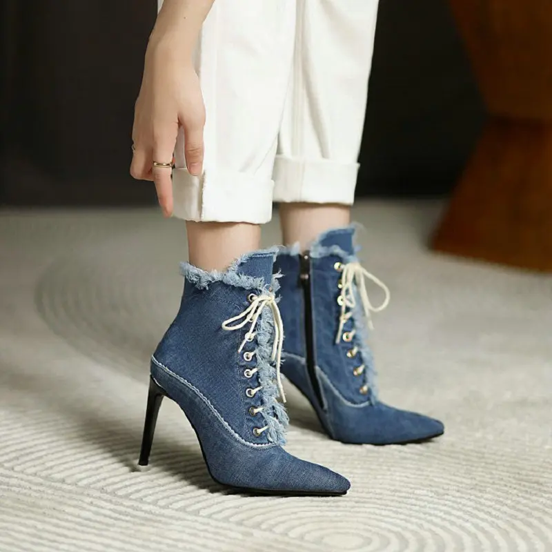 

ZawsThia 2021 Brushed Denim Jeans Woman Shoes Pointed Toe 9.5cm Thin High Heels Stilettos Women Sexy Ankle Boots Small Size 33