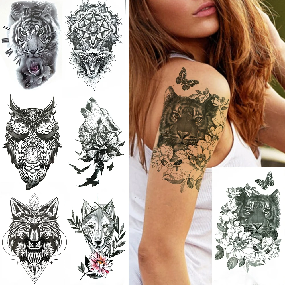 

Tiger Daisy Flower Temporary Tattoos For Women Men Mandala Henna Lion Fake Tattoo Tribe Owl Geometric Wolf Waterproof Tatoo Hnad