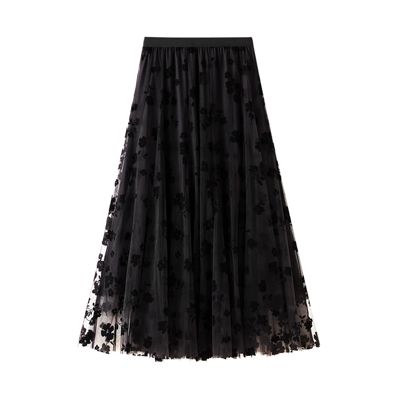

2020 4 Colors Women Tutu Tulle Skirts Elastic High Waist Floral Print Mesh Overlay Layered A Line Midi Skirt