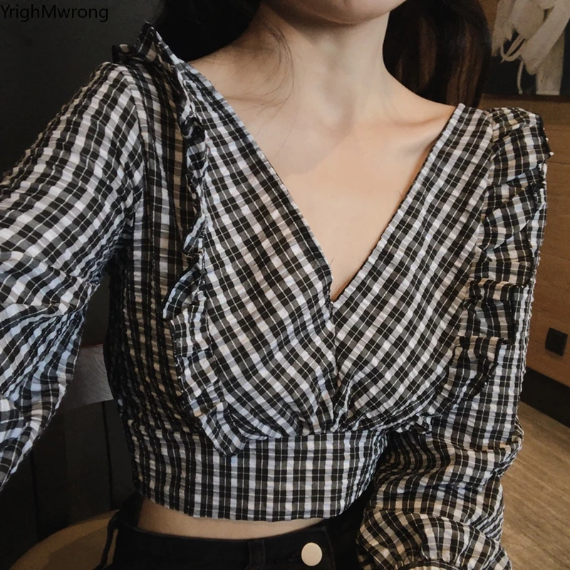 Back Hollow Lace-Up Tie Bow Sexy V-Neck Patchwork Ruffles Slim Long Sleeve Plaid Blouse Women Crop Top Shirt Autumn Short Tee
Back Hollow Lace-Up Tie Bow Sexy V-Neck Patchwork Ruffles Slim Long Sleeve Plaid Blouse Women Crop Top Shirt Autumn Short Tee
