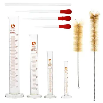 4 Measuring Cylinder - 5ml, 10ml, 50ml, 100ml - Premium Glass - Contains 2 Cleaning Brushes + 3 x Glass Pipettes 1pc Glass Rod 
4 Measuring Cylinder - 5ml, 10ml, 50ml, 100ml - Premium Glass - Contains 2 Cleaning Brushes + 3 x Glass Pipettes 1pc Glass Rod