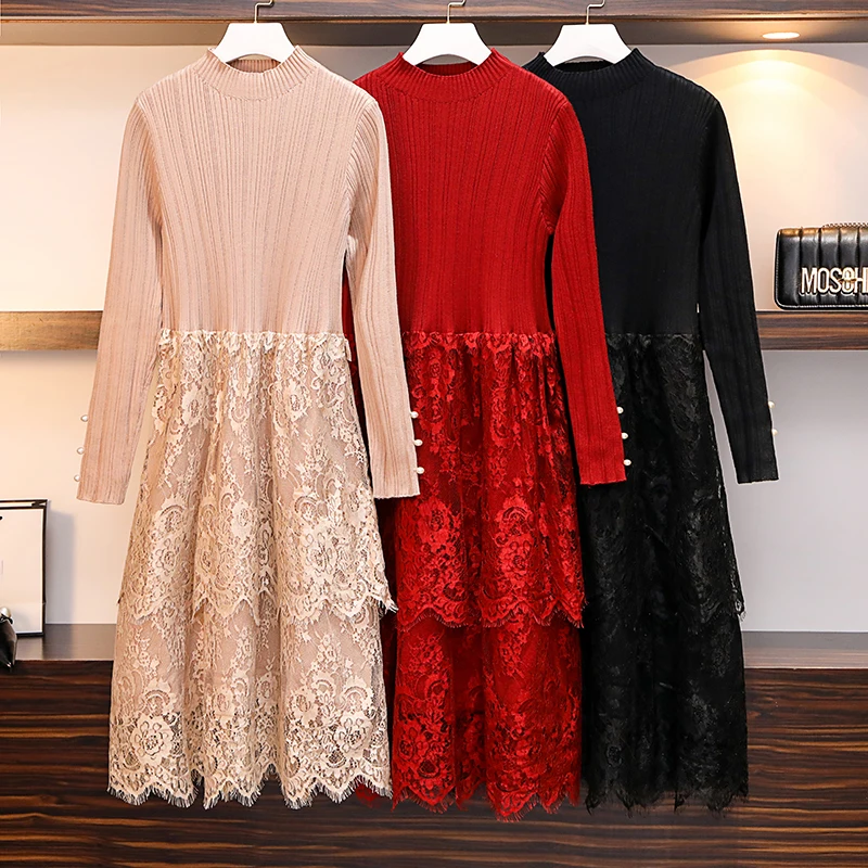 

2020 Oversize autumn winter women knit dress lace splice long sleeve bottoming dresses female Plus size 4XL sweater dresses G767