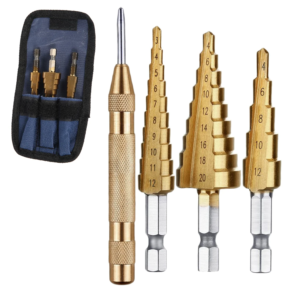 3 pcs HSS Titanium Step Drill Bit Set & 1 pcs Automatic Center Punch Head Cone Cutting Tools Woodworking Metal Drilling Drill
3 pcs HSS Titanium Step Drill Bit Set & 1 pcs Automatic Center Punch Head Cone Cutting Tools Woodworking Metal Drilling Drill