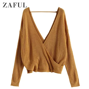 

ZAFUL Plunge Surplice Cutout Backless Sweater For Women Plunging Neck Drop Shoulder Long Sleeve Sexy Tops Casual Pullovers