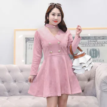 Women's spring French solid color button dress plus size knee long casual dress 100 kg can wear 
Women's spring French solid color button dress plus size knee long casual dress 100 kg can wear