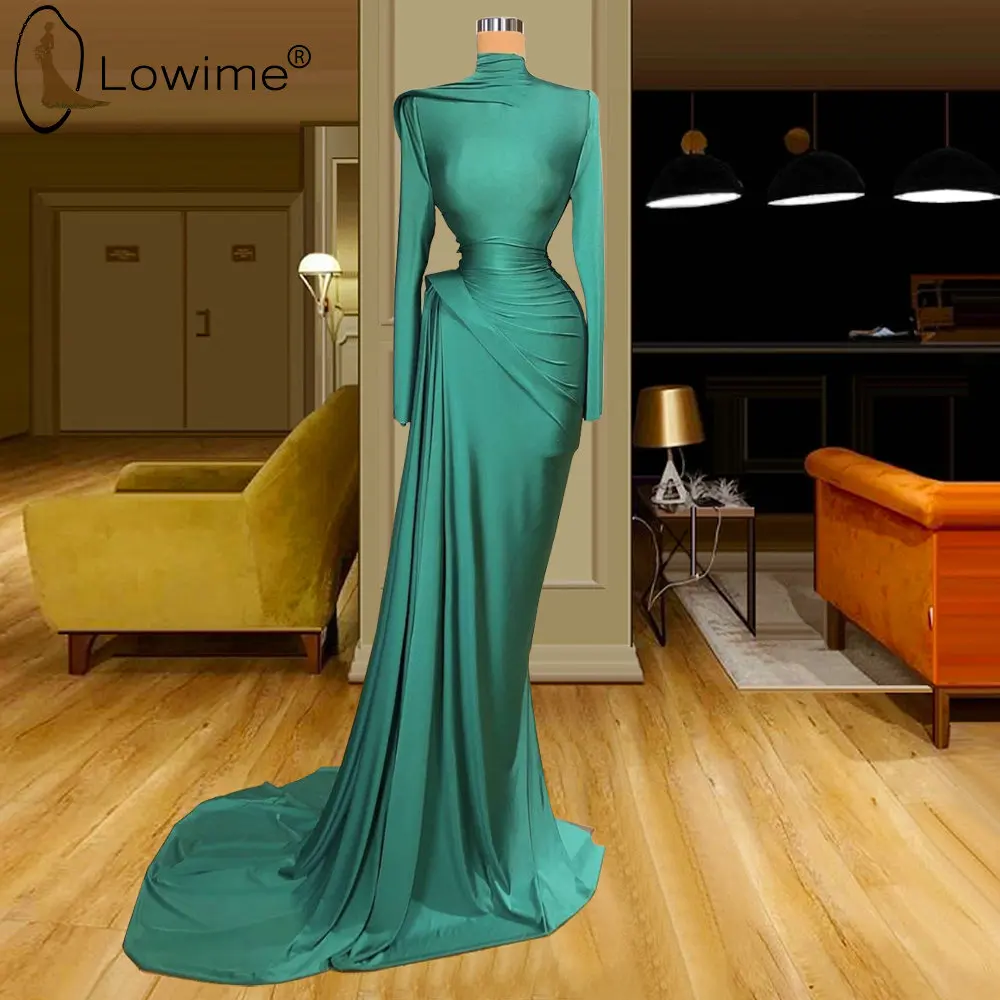 Simple Hunter High Neck Evening Dresses Muslim Long Sleeve Mermaid Evening Gowns Formal Dress Prom Party Dress Robes De Soiree 
Simple Hunter High Neck Evening Dresses Muslim Long Sleeve Mermaid Evening Gowns Formal Dress Prom Party Dress Robes De Soiree