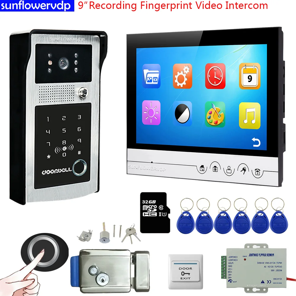 Apartment Fingerprint Video Intercom 32GB 9 inch With Recording for Home Electronic Door Lock | Безопасность и защита