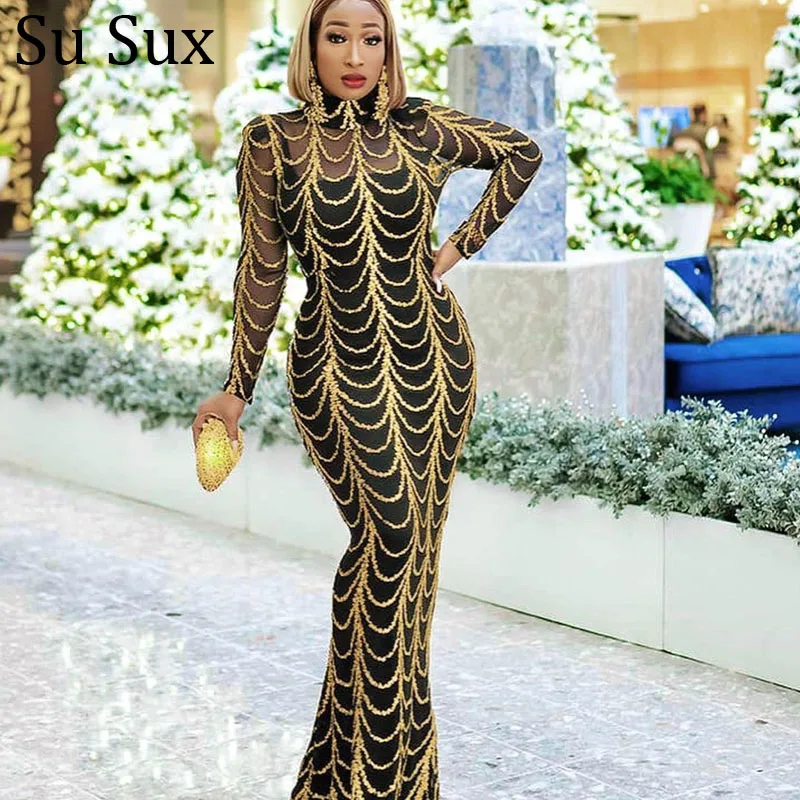 

Sequins Party Dress Bandage Bodycon Maxi Robe Stande Collar Lone Sleeve Zipper Perspective Fishtail Long Dress African Clothes