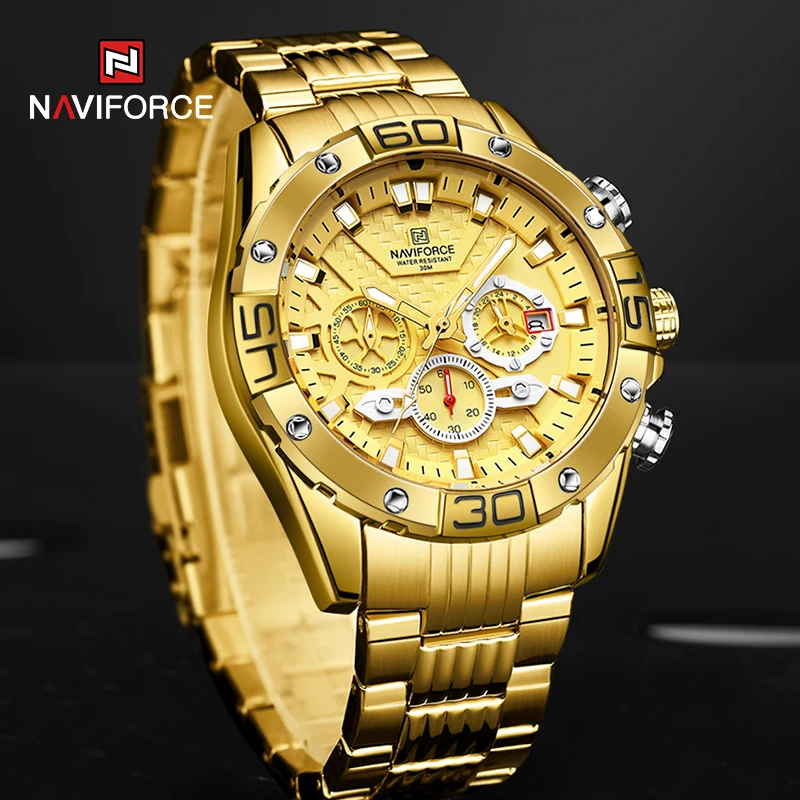NAVIFORCE Men's Watches 2021 Luxury Gold Business Classic Quartz Clock Analog Chronograph Sport Waterproof Steel Band Wristwatch |