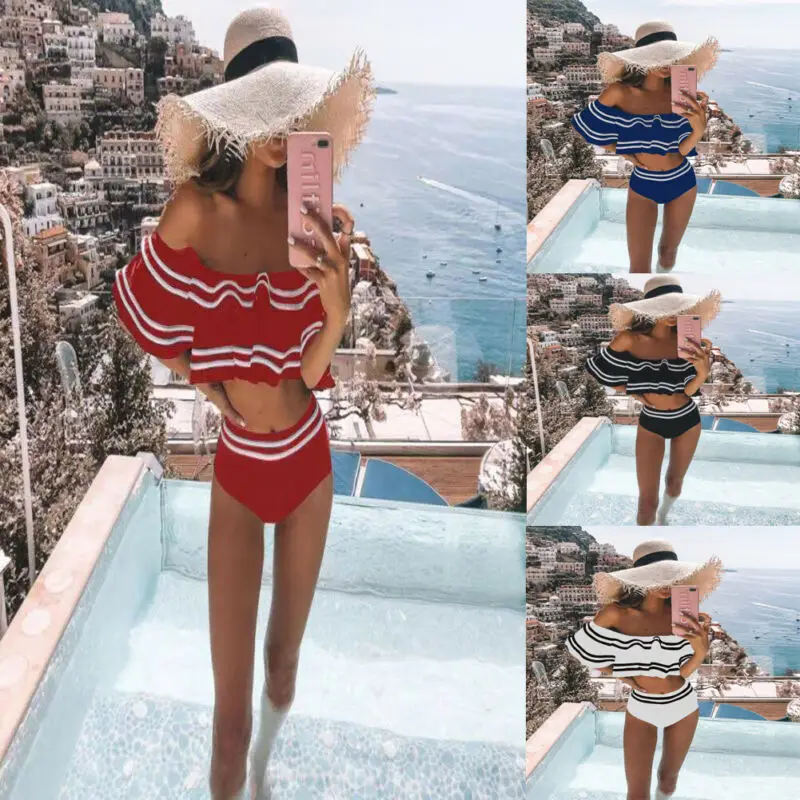 Sexy Women Off Shoulder Ruffles Top Female Bikini Set Padded Stripes Bath Swimsuit High Waist Shorts Swimwear Beachwear
Sexy Women Off Shoulder Ruffles Top Female Bikini Set Padded Stripes Bath Swimsuit High Waist Shorts Swimwear Beachwear