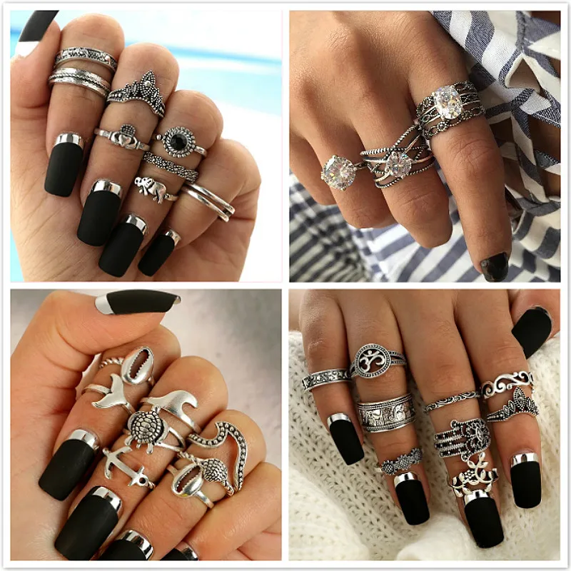 

1 Set Sell Starry Night Shining Vintage Knuckle Rings Women Geometric Flower Crystal Ring Set Bohemian Jewelry Gifts 25 Set