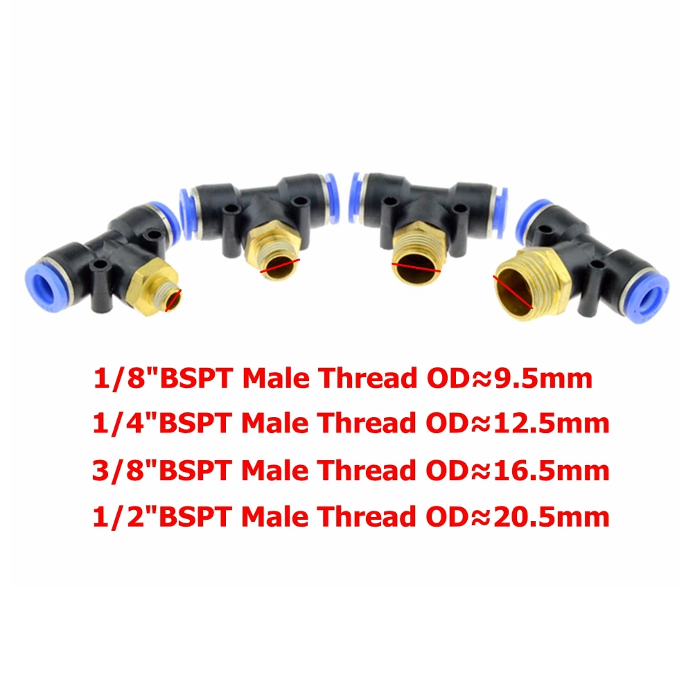 

Air Connector Fitting T Shape Tee 6mm 8mm 10mm 12mm 4mm Hose Pipe to 1/8" 1/4" M5 3/8" 1/2" BSPT Male Thread Pneumatic Coupler