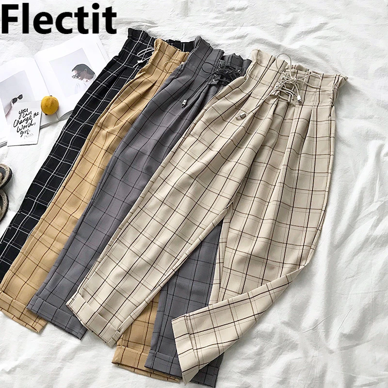 Брюки женские Flectit в клетку на шнуровке с карманом завышенной талией до щиколотки