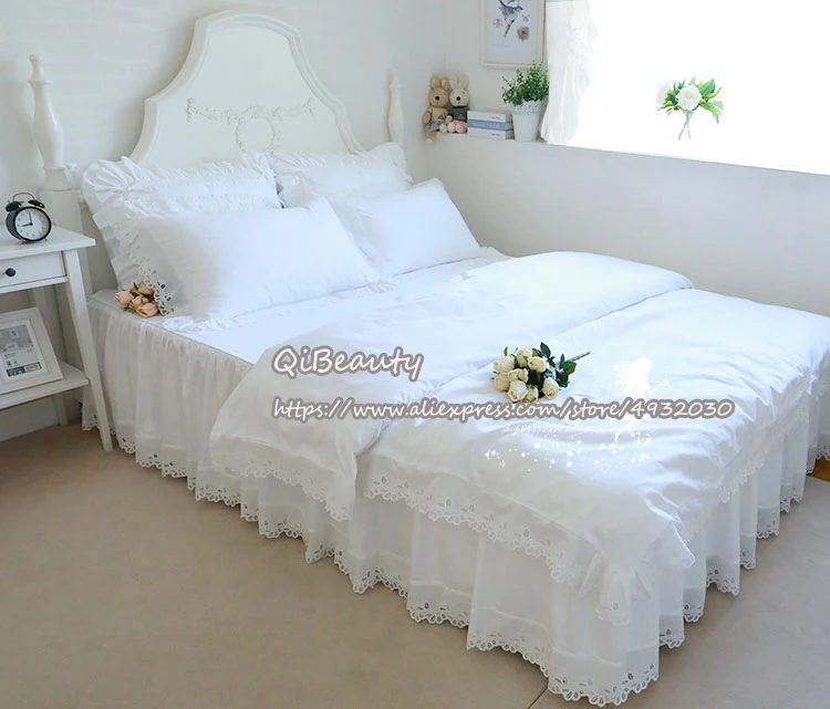 Фото Европейская однотонная белая кружевная атласная хлопковая кроватная юбка и