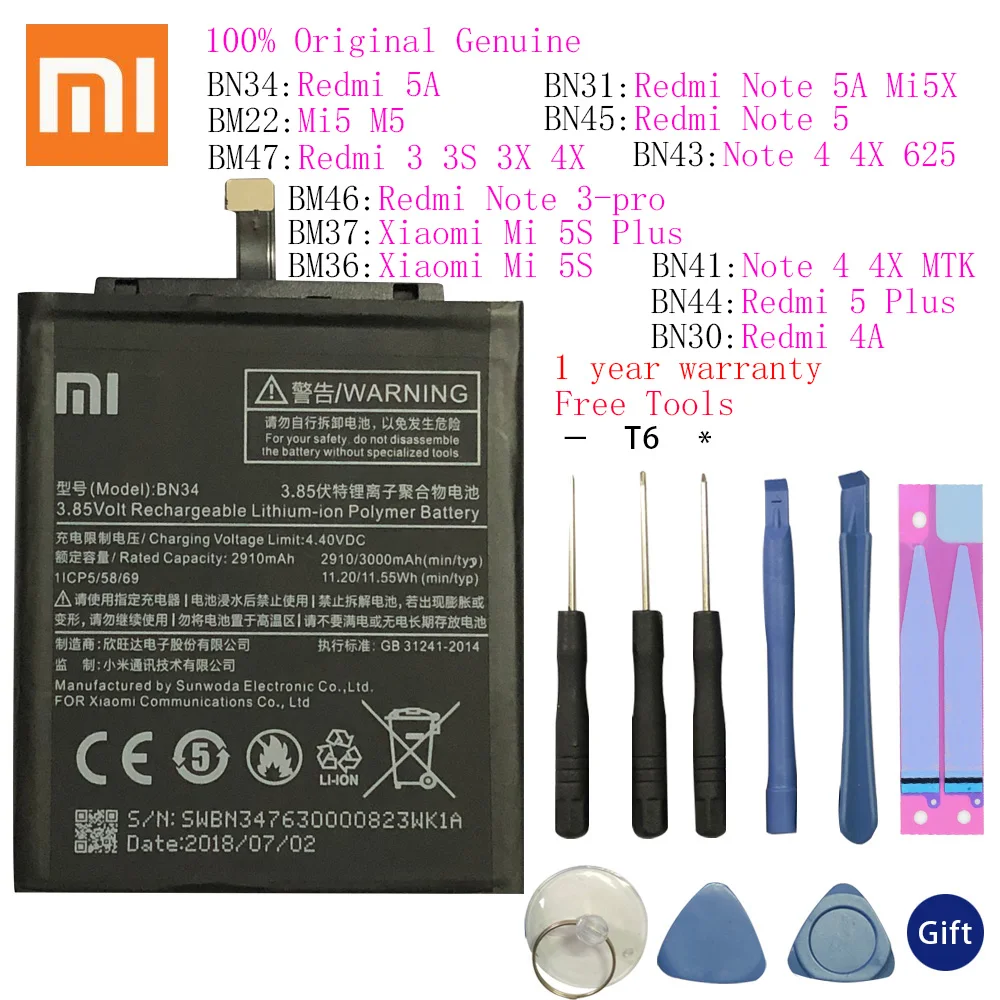 Original XiaoMi Replacement Battery For Xiaomi Redmi 5A/Note 5/Note 3/Redmi Note 3 Pro/3/3S/3X/3Pro/4X/6/6A/Note 4/4A/Mi 5S/Mi5X
Original XiaoMi Replacement Battery For Xiaomi Redmi 5A/Note 5/Note 3/Redmi Note 3 Pro/3/3S/3X/3Pro/4X/6/6A/Note 4/4A/Mi 5S/Mi5X