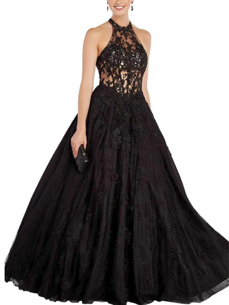 

Halter Black Evening Dresses Long Lace Applique Vestidos De Gala Robes De Soiree Abiti Da Sera Sukienki Sexy Gown Prom Dresses