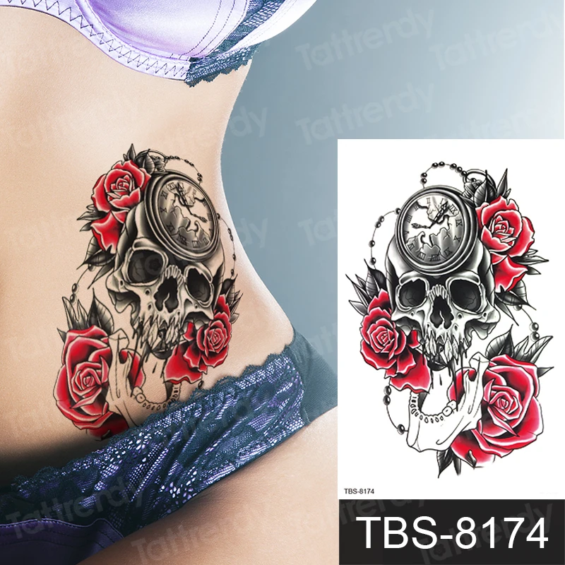 temporary tattoo skull rose Waterproof Temporary Tattoo Stickers Terror Pirate Skull Fake Tattoos for Man Girl Women Body Art | Красота и