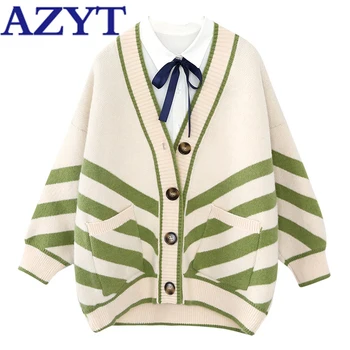 AZYT Stripe Knit Sweater Jacket Female Loose Fashion Outwear Thicken Knit Cardigan 2020 Women Autumn Winter V Neck Knishirt
AZYT Stripe Knit Sweater Jacket Female Loose Fashion Outwear Thicken Knit Cardigan 2020 Women Autumn Winter V Neck Knishirt