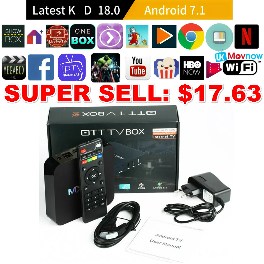 TTVBOX MX Pro 4K Android TV Box IPTV Android 9.0 OS 1GB 8GB RK3229 4K 2.4GHz WIFI Quad Core Smart TV Box Media Player
TTVBOX MX Pro 4K Android TV Box IPTV Android 9.0 OS 1GB 8GB RK3229 4K 2.4GHz WIFI Quad Core Smart TV Box Media Player