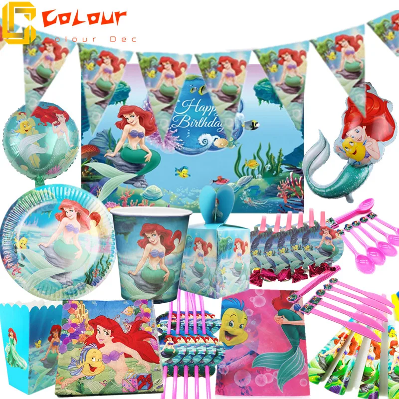 

The Little Mermaid Princess Theme Children Birthday Party Supplies Tablecloth Paper Cup plate hat Cake Topper Banner Baby Shower