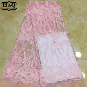 Lovely Pink Lace Prom Long Dress African Net Lac Fabric Sequins French Tulle Lace Nigerian Embroidered Lace 5 Yards For Dress