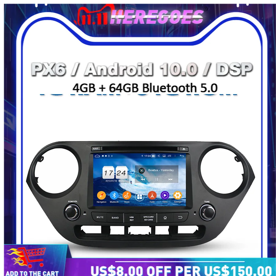PX6 DSP Android 10 0 4 Гб + 64 ГБ Автомобильный DVD Плеер GPS карта радио Wi-Fi Bluetooth 5 для Hyundai I10